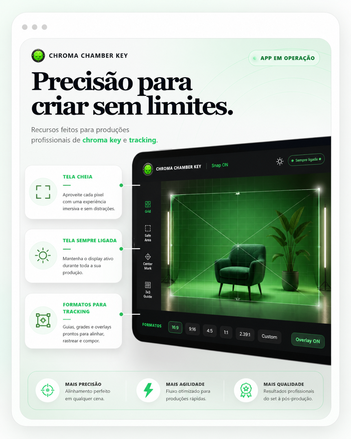 Banner do Chroma Chamber Key destacando tela cheia, tela sempre ligada e formatos para tracking